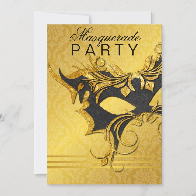 Invitación Elegante fiesta de Mascaradas de Negro y Oro (Anverso)