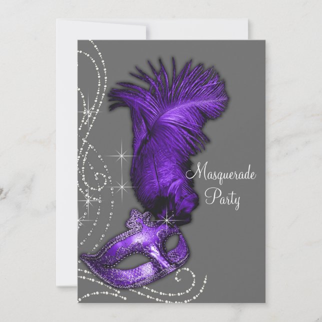 Invitación Elegante Fiesta de Mascaradas Gris y Morado (Anverso)