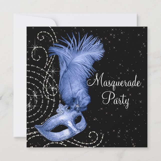 Invitación Elegante Fiesta de Mascaradas Negro y Azul (Anverso)