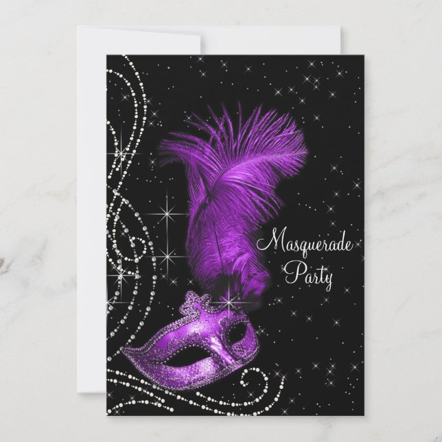 Invitación Elegante Fiesta de Mascaradas Negro y Morado (Anverso)