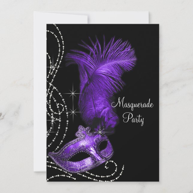 Invitación Elegante Fiesta de Mascaradas Negro y Morado (Anverso)