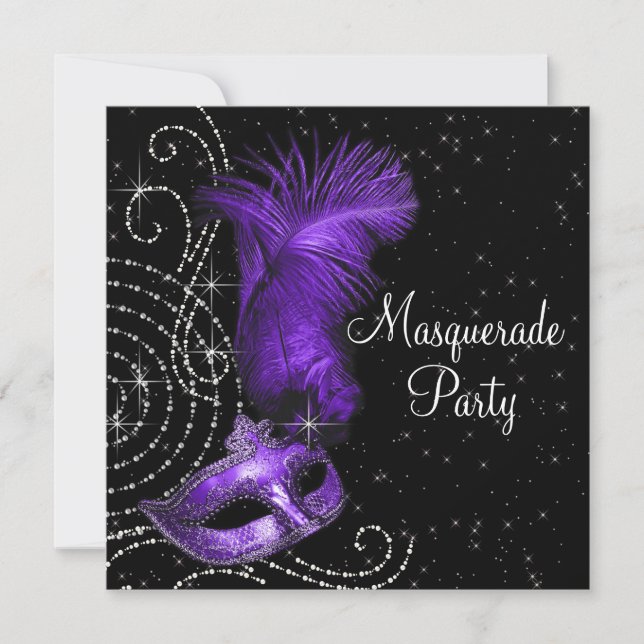 Invitación Elegante Fiesta de Mascaradas Negro y Morado (Anverso)