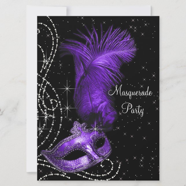 Invitación Elegante Fiesta de Mascaradas Negro y Morado (Anverso)