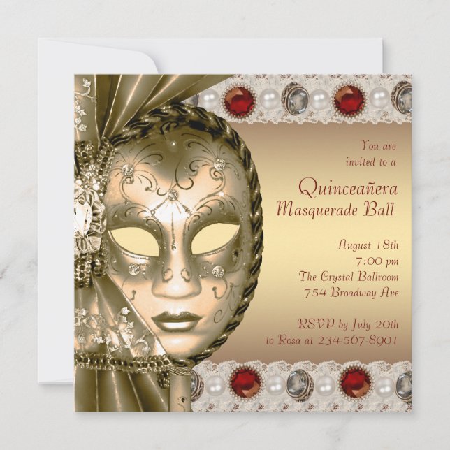 Invitación Elegante Fiesta de Mascaradas Rojas y Oro (Anverso)