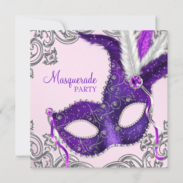 Invitación Elegante Fiesta de Mascaradas Rosa y Morado (Anverso)