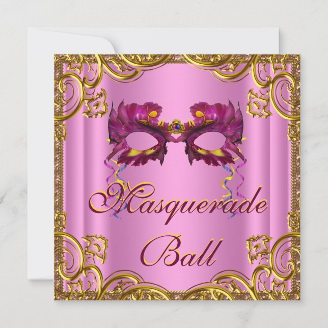 Invitación Elegante Fiesta de Mascaradas Rosa y Oro (Anverso)