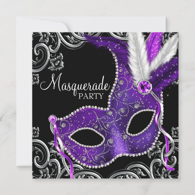 Invitación Elegante Fiesta de Máscaras de Morado y Negro (Anverso)