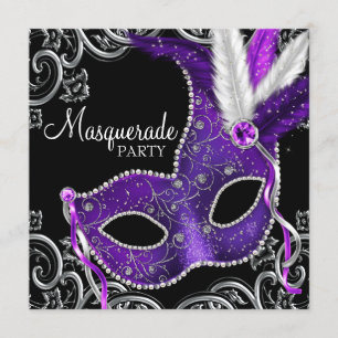 Invitación Elegante Fiesta de Máscaras de Morado y Negro