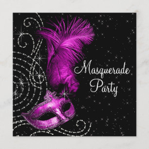 Invitación Elegante fiesta de máscaras de negro y rosa calien