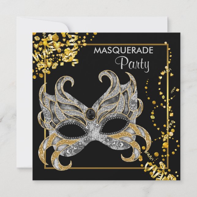 Invitación Elegante fiesta de máscaras de plata y oro (Anverso)