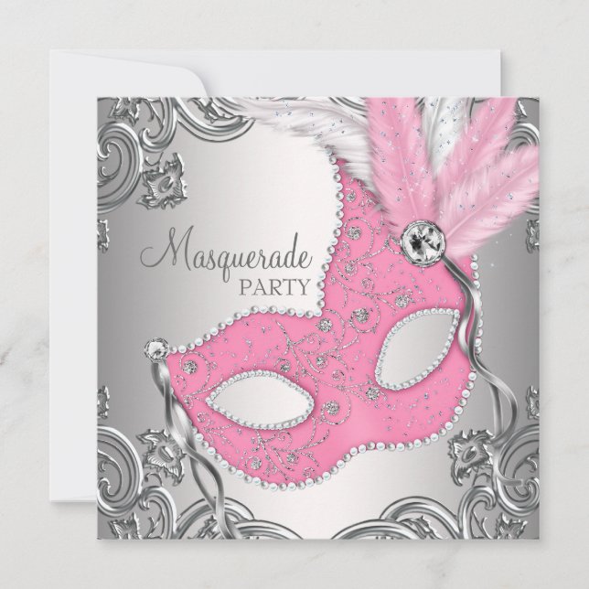 Invitación Elegante Fiesta de Máscaras de Plata y Rosa (Anverso)