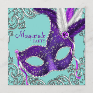 Invitación Elegante fiesta de máscaras de púrpura y azul turq
