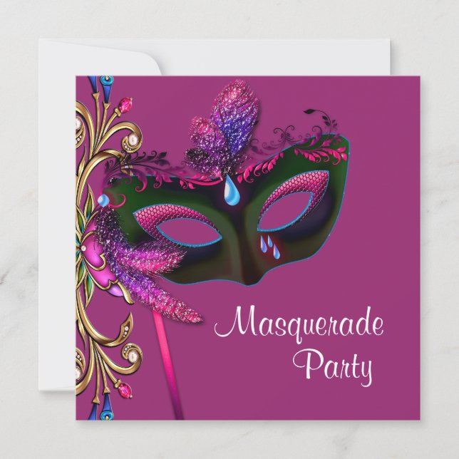 Invitación Elegante fiesta de máscaras de rosa caliente (Anverso)