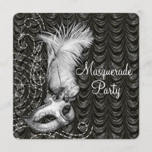 Invitación Elegante fiesta de máscaras de satén negro y blanc