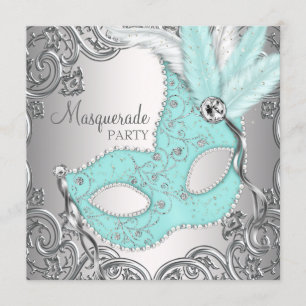 Invitación Elegante Fiesta de Máscaras en Azul Teal Plateado