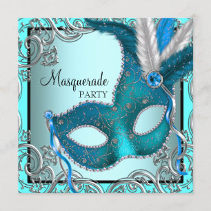 Invitación Elegante Fiesta de Máscaras en Azul Teal Plateado