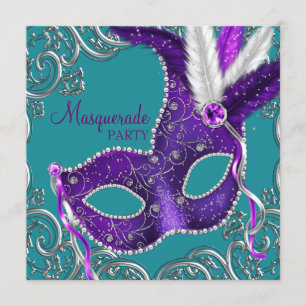 Invitación Elegante Fiesta de Máscaras Morado y Azul Turquesa
