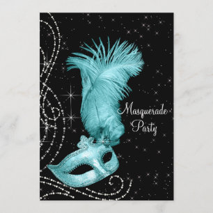 Invitación Elegante Fiesta de Máscaras Negra y Azul Turquesa