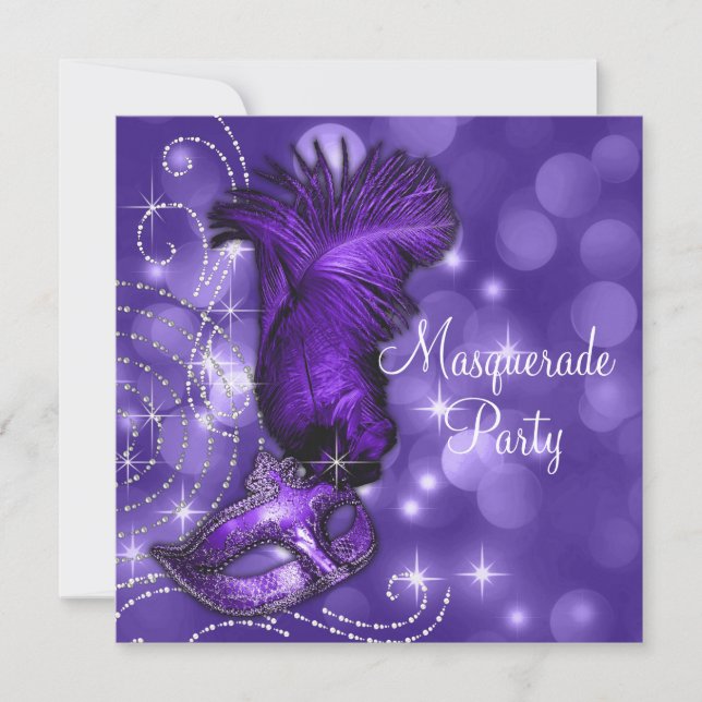 Invitación Elegante Fiesta de Máscaras Negra y Morada (Anverso)