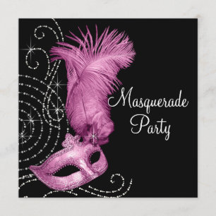 Invitación Elegante Fiesta de Máscaras Negra y Rosa