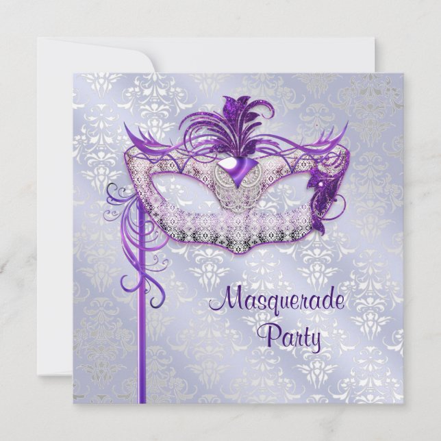 Invitación Elegante Fiesta de Máscaras Plateada Morada (Anverso)