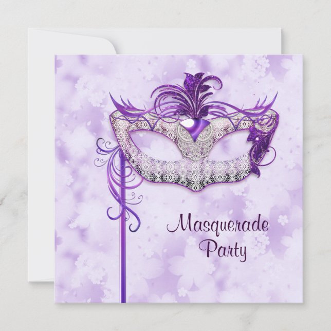 Invitación Elegante Fiesta de Máscaras Plateada Morada (Anverso)