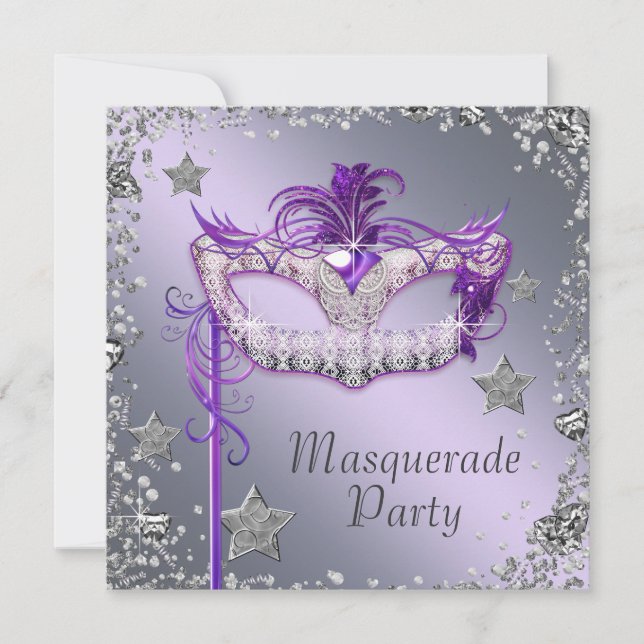 Invitación Elegante Fiesta de Máscaras Plateada y Morada (Anverso)