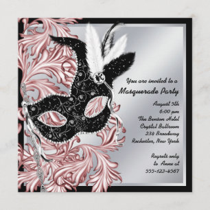 Invitación Elegante Fiesta de Máscaras Rosa y Negro