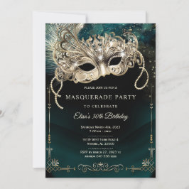 Invitación Elegante Fiesta de Máscaras Verde Esmeralda y Oro