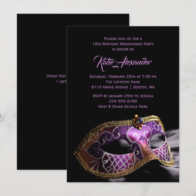 Invitación Elegante Fiesta de Masquerade Black Purple Sweet 1 (Anverso / Reverso)