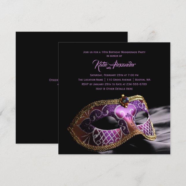 Invitación Elegante Fiesta de Masquerade Black Purple Sweet 1 (Anverso / Reverso)