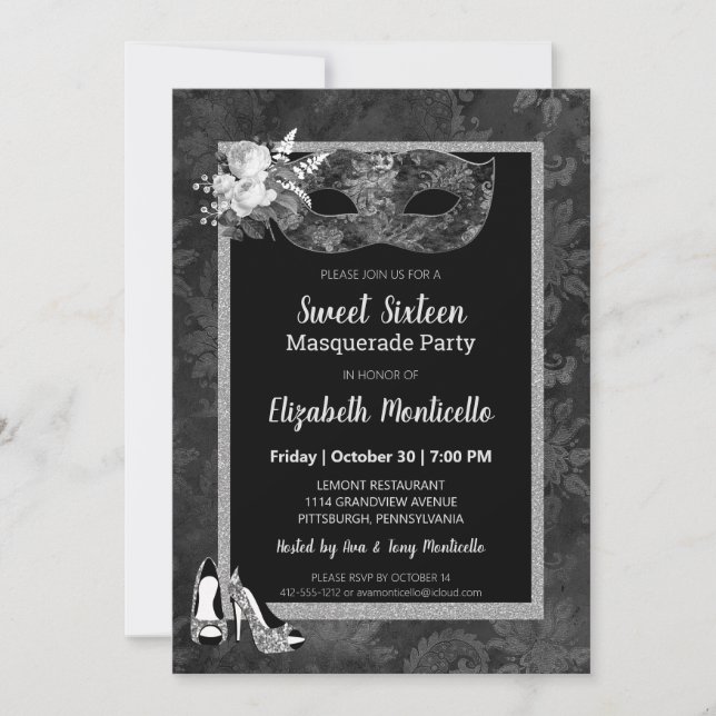 Invitación Elegante Fiesta de Masquerade Black/White Sweet 16 (Anverso)