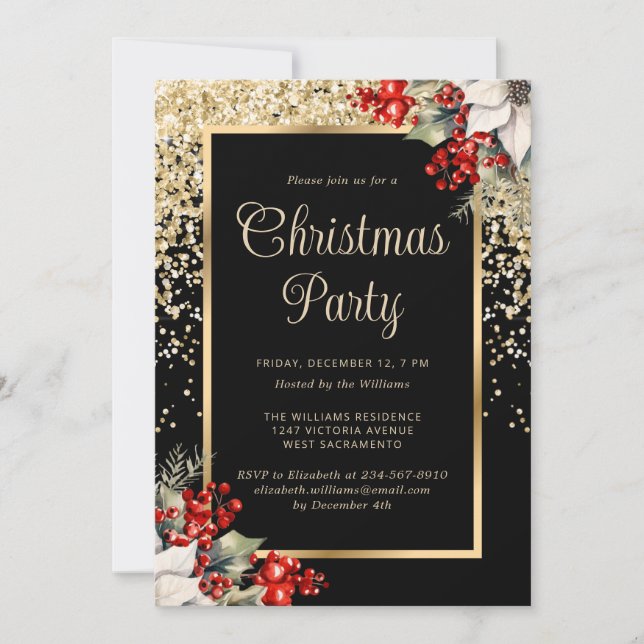 Invitación Elegante Fiesta de Navidad Botánica en Negro y Oro (Anverso)