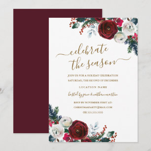 Invitación Elegante Fiesta de Navidad Burgundy Floral