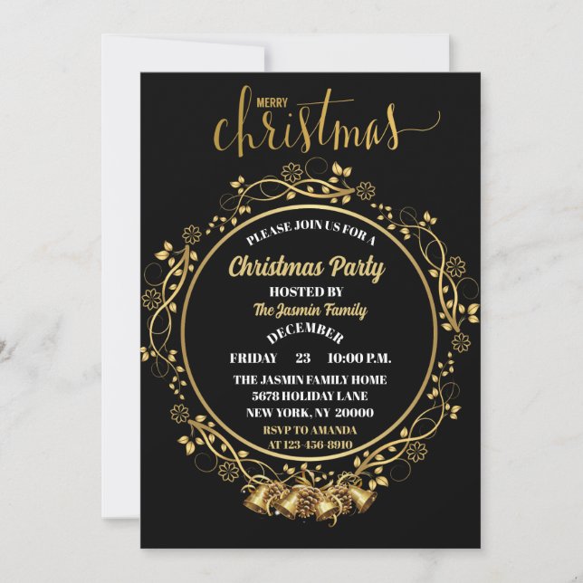 Invitación Elegante FIESTA DE NAVIDAD Campanas negras y dorad (Anverso)