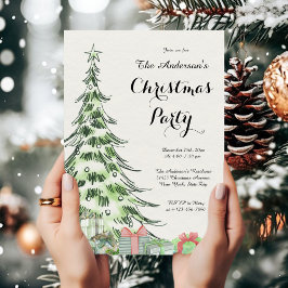 Invitación Elegante Fiesta de Navidad con Árbol de Acuarela