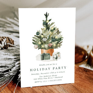 Invitación Elegante Fiesta de Navidad con Árbol de Acuarela