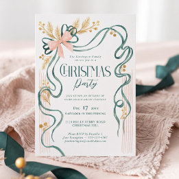 Invitación Elegante Fiesta de Navidad con Lazo Rosa Verde Chi