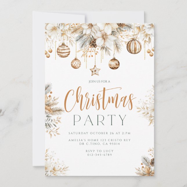 Invitación Elegante fiesta de Navidad dorada de los adornos (Anverso)