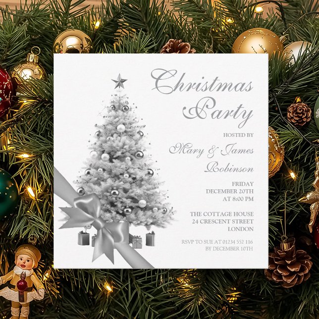 Invitación Elegante Fiesta de Navidad en Árbol de Navidad y B (Elegant Silver Christmas Tree & Bow Holiday Party Invitation)