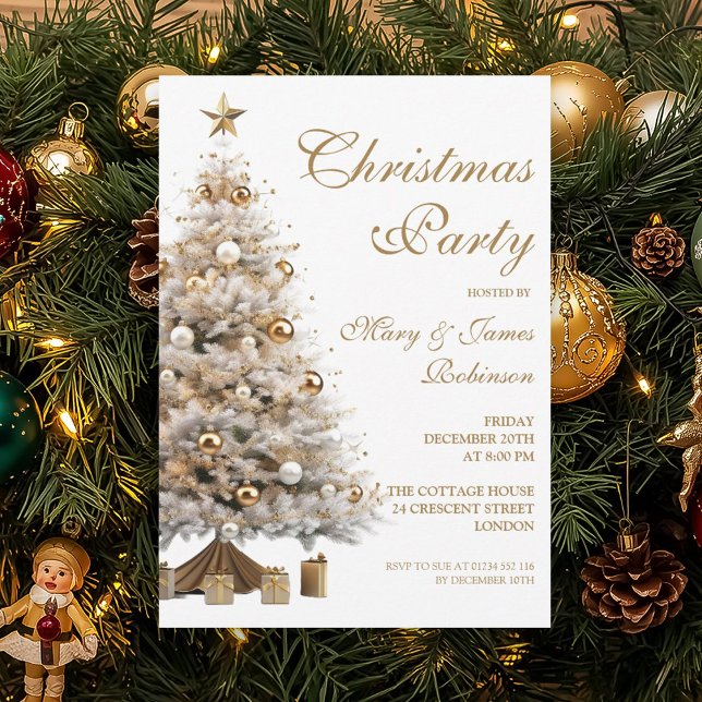 Invitación Elegante fiesta de Navidad en el Árbol de Oro (Elegant Gold Christmas Tree Holiday Party Invitation)