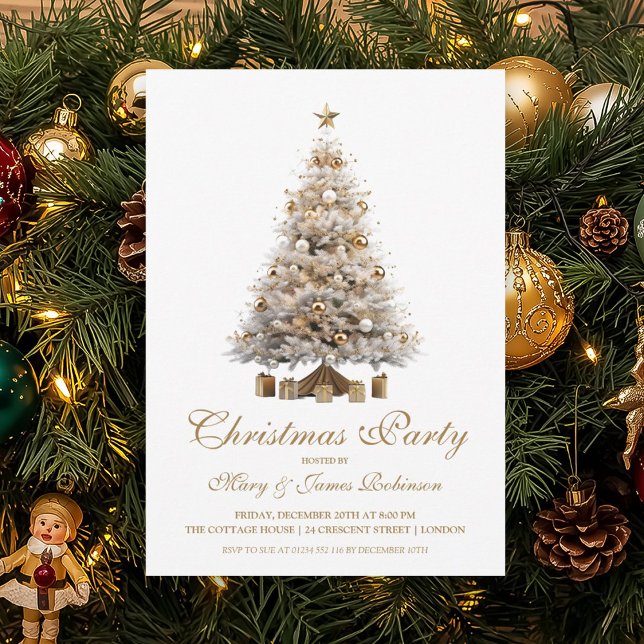 Invitación Elegante fiesta de Navidad en el Árbol de Oro (Elegant Gold Christmas Tree Holiday Party Invitation)