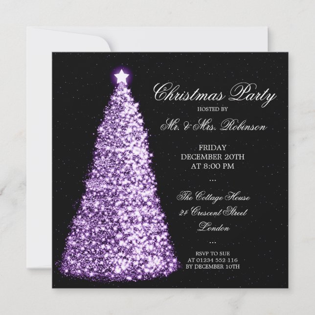 Invitación Elegante fiesta de Navidad en el árbol púrpura (Anverso)