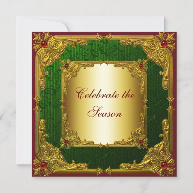 Invitación Elegante Fiesta de Navidad en Rojo Verde y Dorado (Anverso)