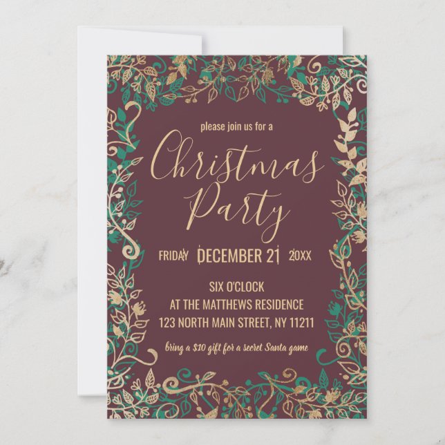 Invitación Elegante fiesta de Navidad floral oro verde rojo (Anverso)