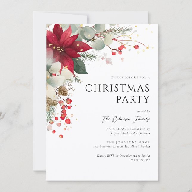 Invitación Elegante Fiesta de Navidad Floral Roja (Anverso)