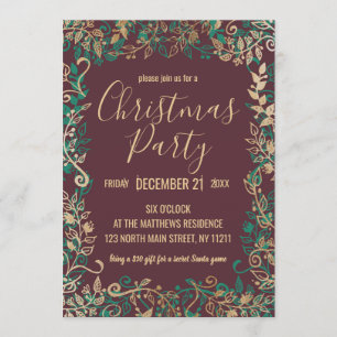 Invitación Elegante Fiesta de Navidad Floral Verde Dorado Roj