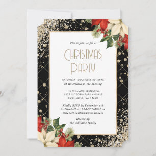 Invitación Elegante Fiesta de Navidad Poinsettia Negro Oro
