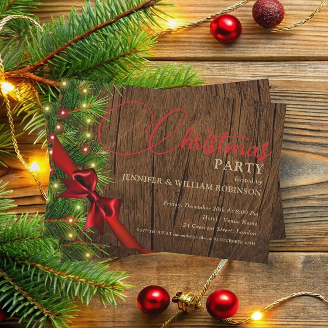 Invitación Elegante fiesta de Navidad Rústica y Cinta de Navi (Elegant Rustic Ribbon & Pine Xmas Holiday Party Invitation)