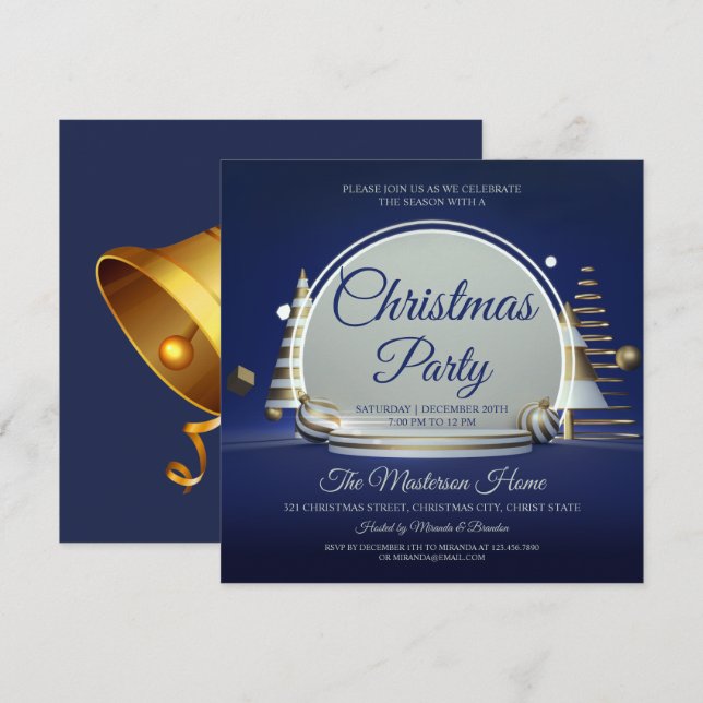 Invitación Elegante fiesta de Navidades azules y plateados (Anverso / Reverso)